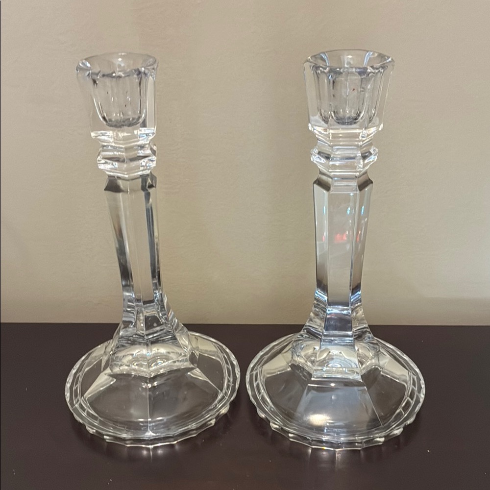 Clear Crystal Glass Candlestick Holders - Pair